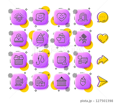 Grill basket, Love document and Account line icons. App 3d buttons. Social media comment, share, like icons. Pack of Notification, Carousels, Hook icon. Baggage, Ice cream, Sunrise pictogram. Vector 127501398