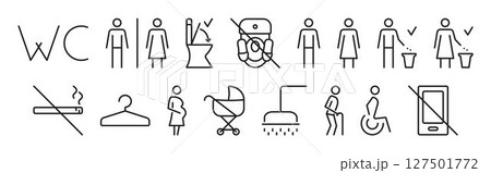 Black line icon set for public toilets, linear vector signs for WC, lavatory, bathroom. Collection of monochrome outline pictograms for women and men changing room and restrooms 127501772