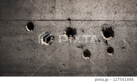 Close-up of bullet holes in concrete wall with textured surface and pockmarks, war theme 127501898