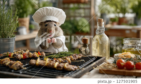 Adorable chef hamster in white hat cooks delicious skewers on outdoor grill surrounded by fresh vegetables and olive oil Adorable chef hamster in white hat cooks delicious skewers on outdoor grill surrounded by fresh vegetables and olive oil 127501905