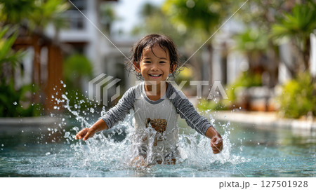 Happy young child splashing in a sunny tropical pool, asian child having fun at resort 127501928