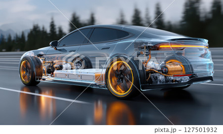 Modern electric car on highway with transparent view highlighting battery and engine technology for sustainable transport concepts Modern electric car on highway with transparent view highlighting battery and engine technology for sustainable transport concepts 127501932
