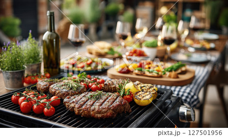 Outdoor barbecue feast with grilled steaks, vegetables, and wine on rustic table setting, bbq at backyard 127501956