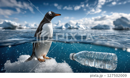 Penguin on iceberg next to ocean plastic bottle in arctic environment with blue sky and clouds 127502009