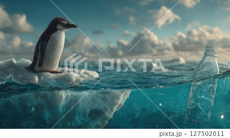 Penguin on iceberg confronts ocean pollution with floating plastic bottle in dramatic seascape 127502011