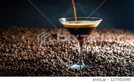 Espresso martini waterfall pouring into coffee bean reservoir. Food Concept. Generated Image 127502090