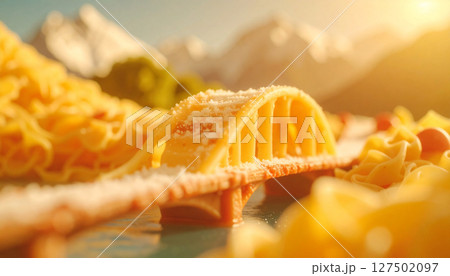 Italian pasta bridge spanning tomato sauce river with Parmesan snow capped mountains. Generated Image 127502097