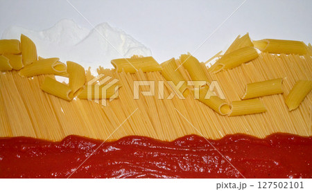 Italian pasta bridge spanning tomato sauce river with Parmesan snow capped mountains. Generated Image 127502101