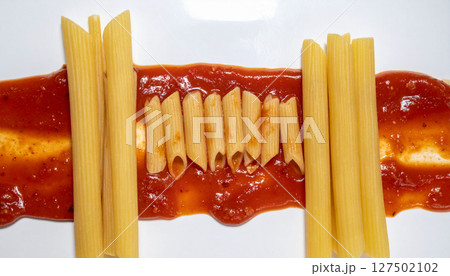 Italian pasta bridge spanning tomato sauce river with Parmesan snow capped mountains. Generated Image 127502102