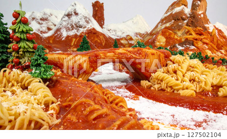 Italian pasta bridge spanning tomato sauce river with Parmesan snow capped mountains. Generated Image 127502104