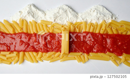 Italian pasta bridge spanning tomato sauce river with Parmesan snow capped mountains. Generated Image 127502105