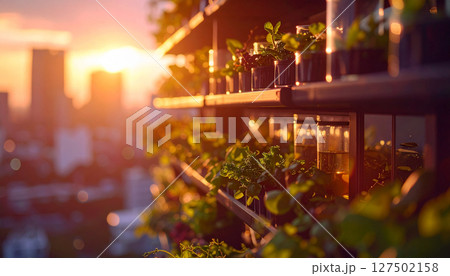 Vertical farm skyscraper with edible window gardens growing cocktail ingredients. Generated Image 127502158