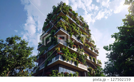 Vertical farm skyscraper with edible window gardens growing cocktail ingredients. Generated Image 127502159
