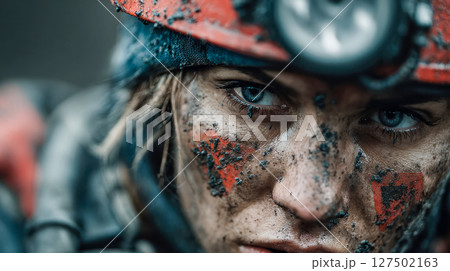 Close-up view of a woman face covered in dirt, looking upward with piercing blue eyes beneath a rugged helmet 127502163