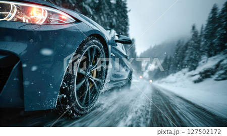 Close-up of a snow-covered car tire driving fast through a winter road Close-up of a snow-covered car tire driving fast through a winter road 127502172