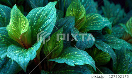 Vibrant green leaves covered in water droplets, captured in sharp detail with dramatic lighting and rich natural texture 127502176