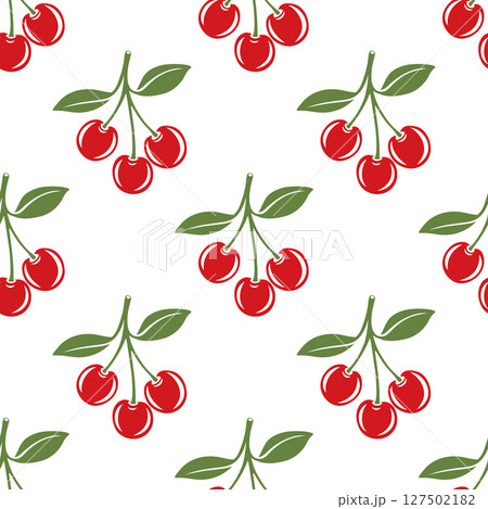 Vector Seamless Pattern with Cutout Cherry. Single, Pair of Cherries and Cluster of Cherries with Leaves , Repeated Print. Cherry Art, Design Template, Vector Illustration Vector Seamless Pattern with Cutout Cherry. Single, Pair of Cherries and Cluster of Cherries with Leaves , Repeated Print. Cherry Art, Design Template, Vector Illustration 127502182