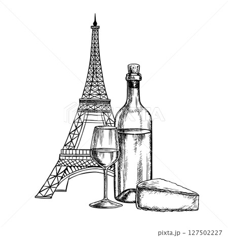 A bottle of white wine, a glass, and French cheese in front of the Eiffel Tower. Vector, hand-drawn graphic illustration. French cheese and wine. For packaging and labels. For banners and posters. 127502227