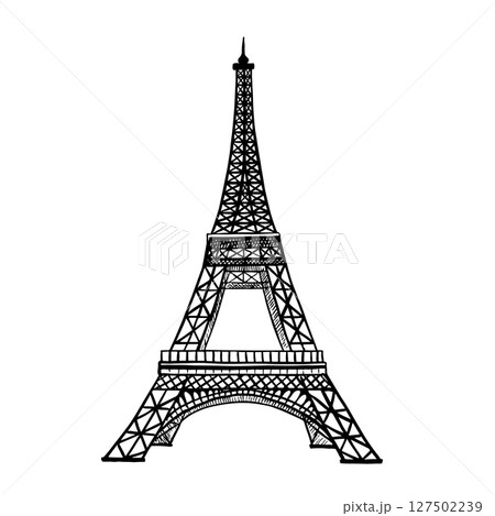 Eiffel tower. Vector graphics, black and white hand-drawn illustration. Isolate on a white background. Sights of France. For flyers, banners and postcards, invitations, posters and stickers and prints 127502239