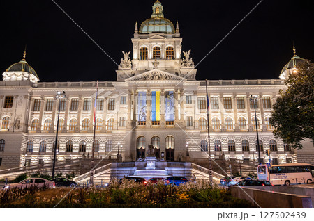 Prague, Czech Republic, August 4, 2023. Night shots with the impressive national museum in the background. People enjoying the cool night air. 127502439