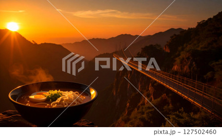 Ramen bowl with noodle suspension bridge over steaming broth canyon. Generated Image 127502460