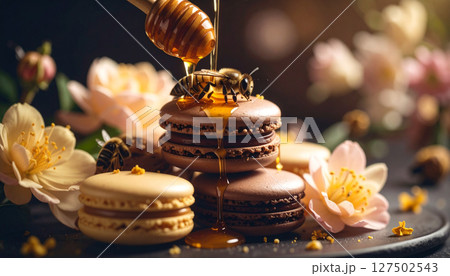 Chocolate covered beehive dripping honey onto macaron flowers. Generated Image 127502543