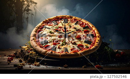 Deconstructed pizza clock with pepperoni hour markers and mozzarella hands. Generated Image 127502546
