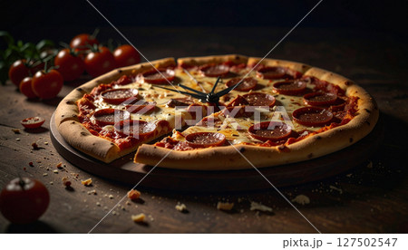 Deconstructed pizza clock with pepperoni hour markers and mozzarella hands. Generated Image 127502547