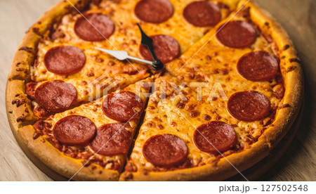 Deconstructed pizza clock with pepperoni hour markers and mozzarella hands. Generated Image 127502548