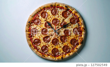 Deconstructed pizza clock with pepperoni hour markers and mozzarella hands. Generated Image 127502549