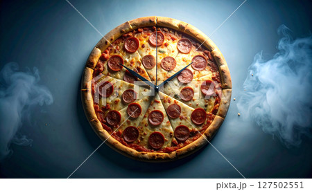 Deconstructed pizza clock with pepperoni hour markers and mozzarella hands. Generated Image 127502551