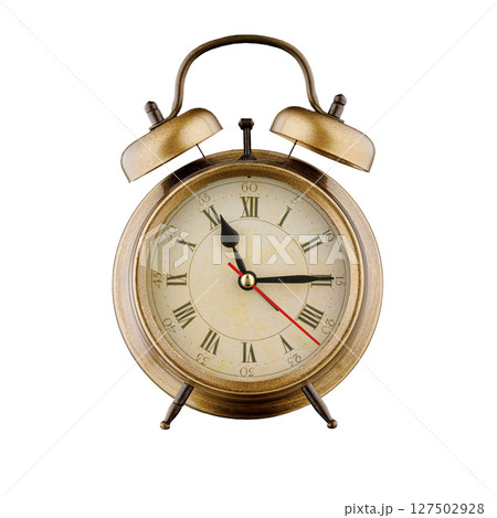 alarm clock, vintage clock with time 11 hours 15 minutes, a.m. 11:15, p.m. 11:15, on isolated white background 127502928