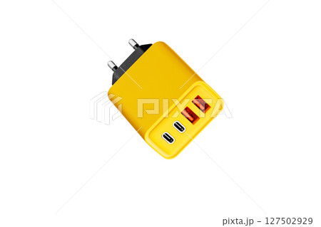 adapter for charger with USB and Type C connector, yellow, on isolated or white background 127502929