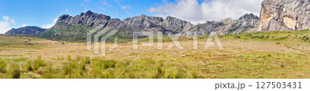 Andringitra Massif in Madagascar, wide panorama as seen from valley during trek to Pic Boby peak 127503431