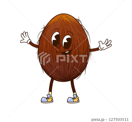 Cartoon funny groovy coconut nut with funky face and happy smile, vector character. Groovy coconut nut comic emoji with open arms for hugs and cute smiling face for seed and nut food cartoon character 127503511