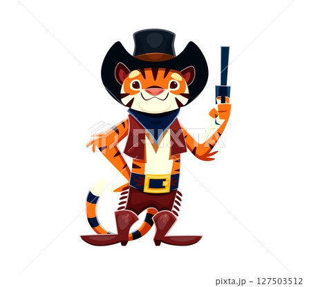 Cartoon tiger cowboy, Wild West animal sheriff or bandit robber character, vector personage. Funny tiger in Western cowboy hat with revolver gun and bandoleer for Texas ranger bandit animal character Cartoon tiger cowboy, Wild West animal sheriff or bandit robber character, vector personage. Funny tiger in Western cowboy hat with revolver gun and bandoleer for Texas ranger bandit animal character 127503512