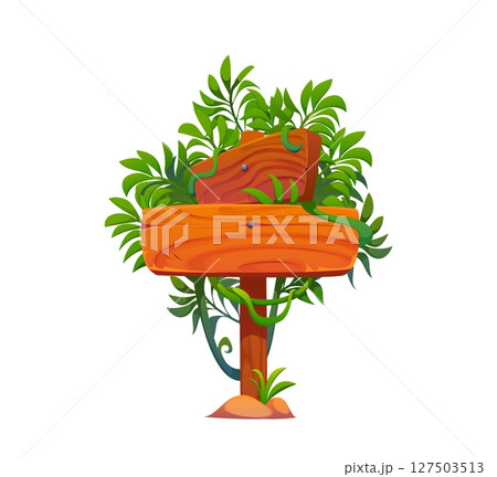 Cartoon wooden sign board decorated with tropical jungle leaves and lianas, vector signboard. Wooden sign board pole with blank wood planks in tropical jungle liana leaves and rainforest ivy branches 127503513