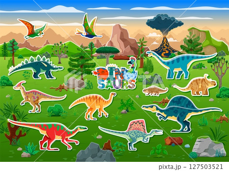 Prehistoric dinosaur characters stickers pack. Cartoon vector adhesive patches with terrain and flying dino animal species amidst lush Jurassic era landscape, featuring erupting volcano and greenery Prehistoric dinosaur characters stickers pack. Cartoon vector adhesive patches with terrain and flying dino animal species amidst lush Jurassic era landscape, featuring erupting volcano and greenery 127503521