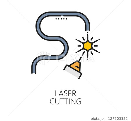 Laser cutting line icon, laser machine cutter tool for metal cut or surface carving, vector symbol. Laser cutting line icon with plasma knife or laser pen for steel cutting or engraving and etching 127503522