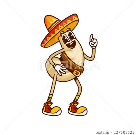 Groovy cashew nut cowboy or Wild West bandit character, cartoon vector personage. Funny groovy cashew in Mexican sombrero hat with happy funky face for Texas sheriff or Western ranger nut character Groovy cashew nut cowboy or Wild West bandit character, cartoon vector personage. Funny groovy cashew in Mexican sombrero hat with happy funky face for Texas sheriff or Western ranger nut character 127503523