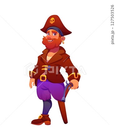 Cartoon groovy pirate character with red beard, tricorn hat with skull, gold earring, wooden leg and pistol. Funny vector cheerful corsair captain personage with happy smile and swashbuckler vibe Cartoon groovy pirate character with red beard, tricorn hat with skull, gold earring, wooden leg and pistol. Funny vector cheerful corsair captain personage with happy smile and swashbuckler vibe 127503526