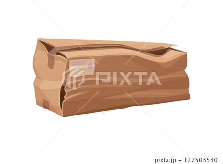 Damaged and ripped parcel cardboard box. Ripped wet delivery box, broken crushed isolated cartoon vector shipping package. Damaged crumpled cargo container or destroyed dirty cardboard paper parcel Damaged and ripped parcel cardboard box. Ripped wet delivery box, broken crushed isolated cartoon vector shipping package. Damaged crumpled cargo container or destroyed dirty cardboard paper parcel 127503530