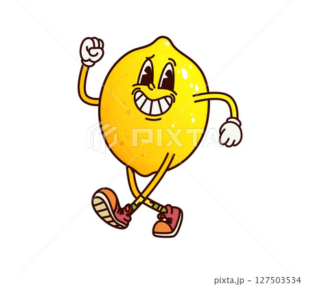 Cartoon groovy lemon fruit character smiling. Vector funny playful exotic yuzu citrus fruit, healthy tropical food personage with lively expression exuding freshness and fun with retro hippie vibe 127503534