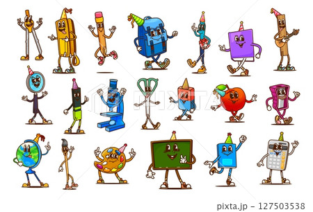 Cartoon groovy school stationery characters of retro hippie cute pencil, book, ruler and calculator, microscope, scissors and backpack. Vector psychedelic groovy globe, paint and brush characters 127503538