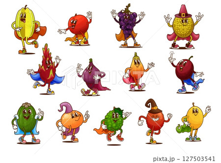 Cartoon groovy Halloween wizards fruit characters. Psychedelic magic feijoa, carambola and grapes, lychee, melon and tamarillo. Groovy grapefruit, pitahaya, jackfruit and fig wizards fruit characters 127503541