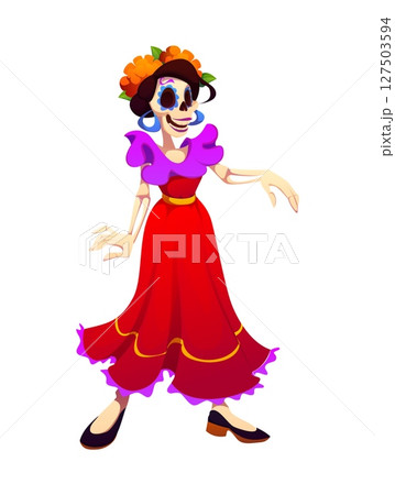 Day of the dead Catrina dancer holiday character, female skeleton in a traditional red and purple Day of the Dead outfit, face is decorated with sugar skull pattern and she wears marigold flower crown Day of the dead Catrina dancer holiday character, female skeleton in a traditional red and purple Day of the Dead outfit, face is decorated with sugar skull pattern and she wears marigold flower crown 127503594