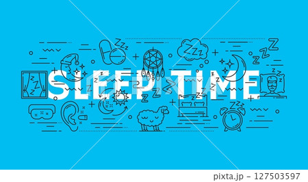 Sleep line icons of bed, night dream, pillow and moon. Vector sleep, nap and rest symbols set of outline sheep, stars, comfort mattress and alarm clock, zzz, dream catcher, pills and sleeping mask 127503597