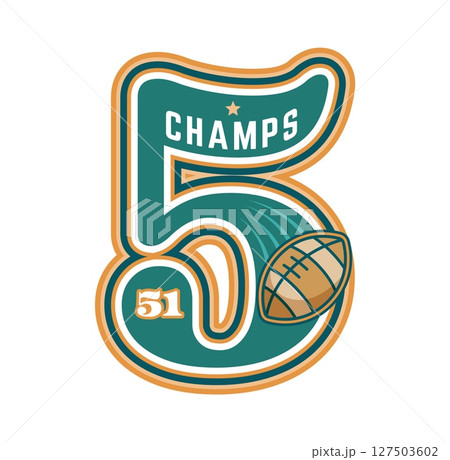 Varsity sport patch with number font and rugby ball for university team, vector emblem. Rugby football college league or varsity sport champs patch with number 5 Five for championship and player shirt 127503602