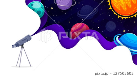 Telescope with paper cut space landscape and alien galaxy planets. Cartoon vector telescope standing on tripod projecting outer space with stars and sun and solar system planets in wavy cutout frame 127503603