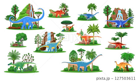 Prehistoric cartoon dinosaurs, Jurassic lizards and reptiles in jungle forest, vector set. Kids dino animals collection of giant lizards for paleontology encyclopedia or dinosaurs atlas book Prehistoric cartoon dinosaurs, Jurassic lizards and reptiles in jungle forest, vector set. Kids dino animals collection of giant lizards for paleontology encyclopedia or dinosaurs atlas book 127503611